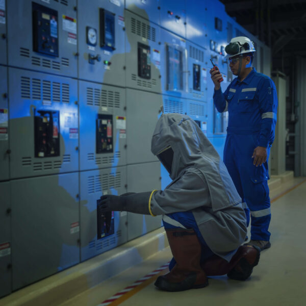 Electrical worker wearing arc flash suit protection is used to draw out a large circuit breaker.
