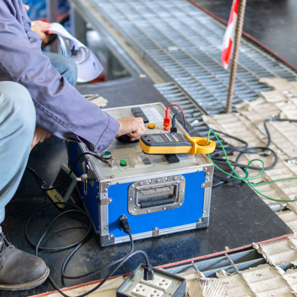 Test box for inject high voltage into electrical equipment for testing insulation resistance between electrical part with earth or grounding system. Selective focus at Technician hand