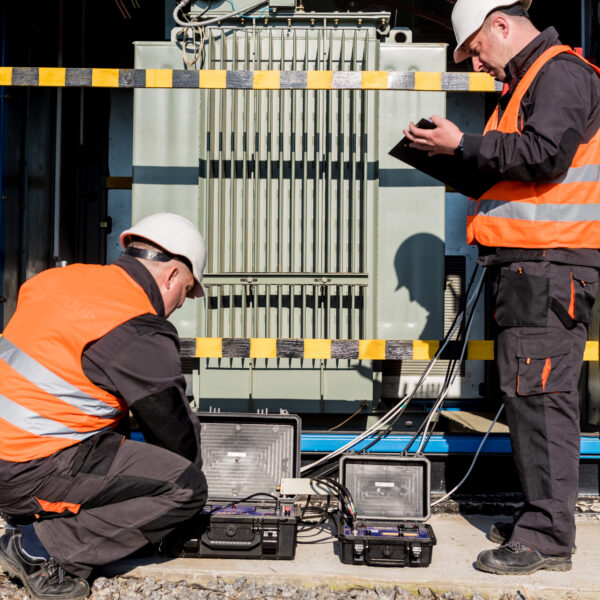 two male engineers working on transformer