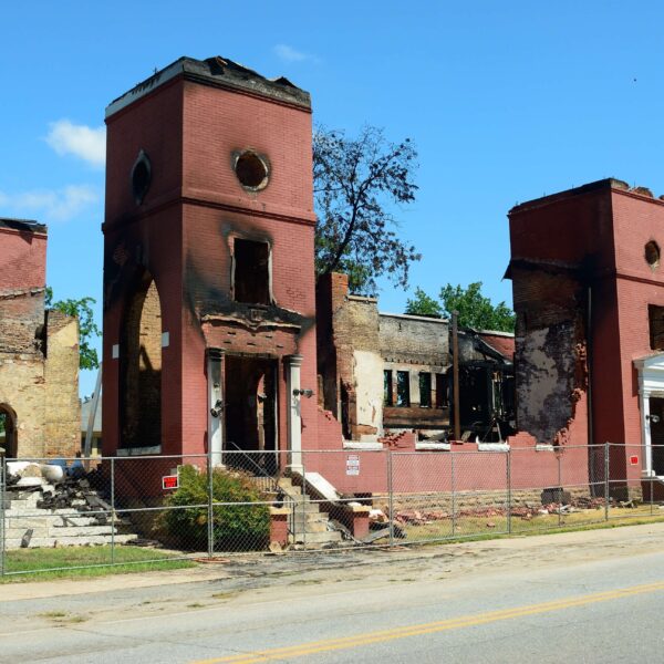 old church that was on fire from lightning strike